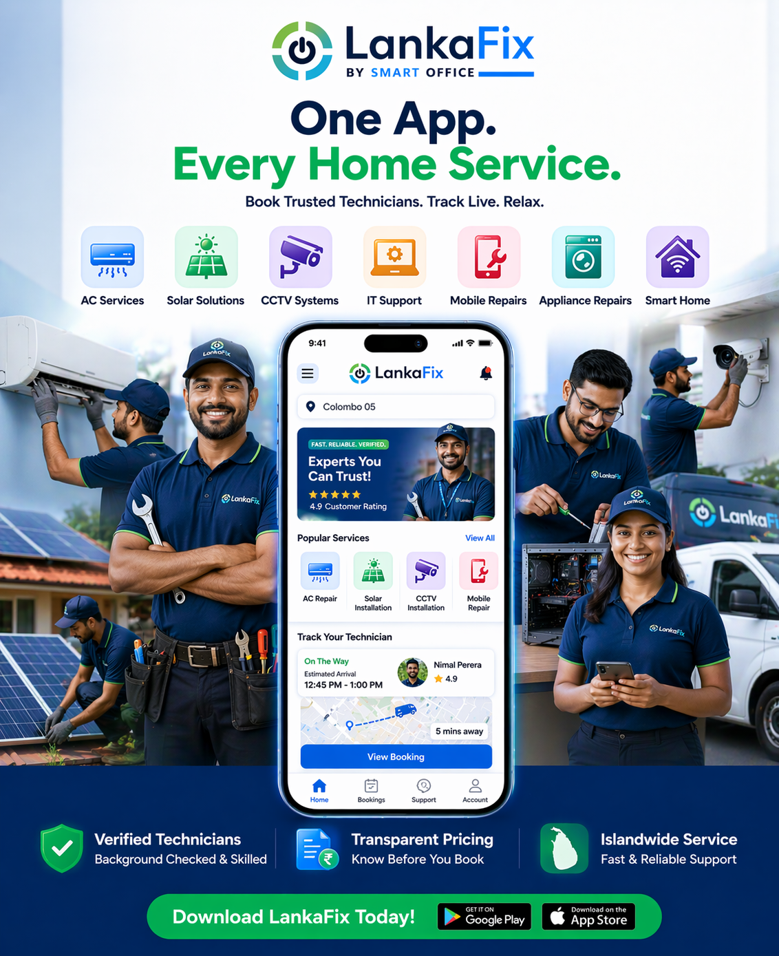 LankaFix App Interface - Book technicians, live tracking